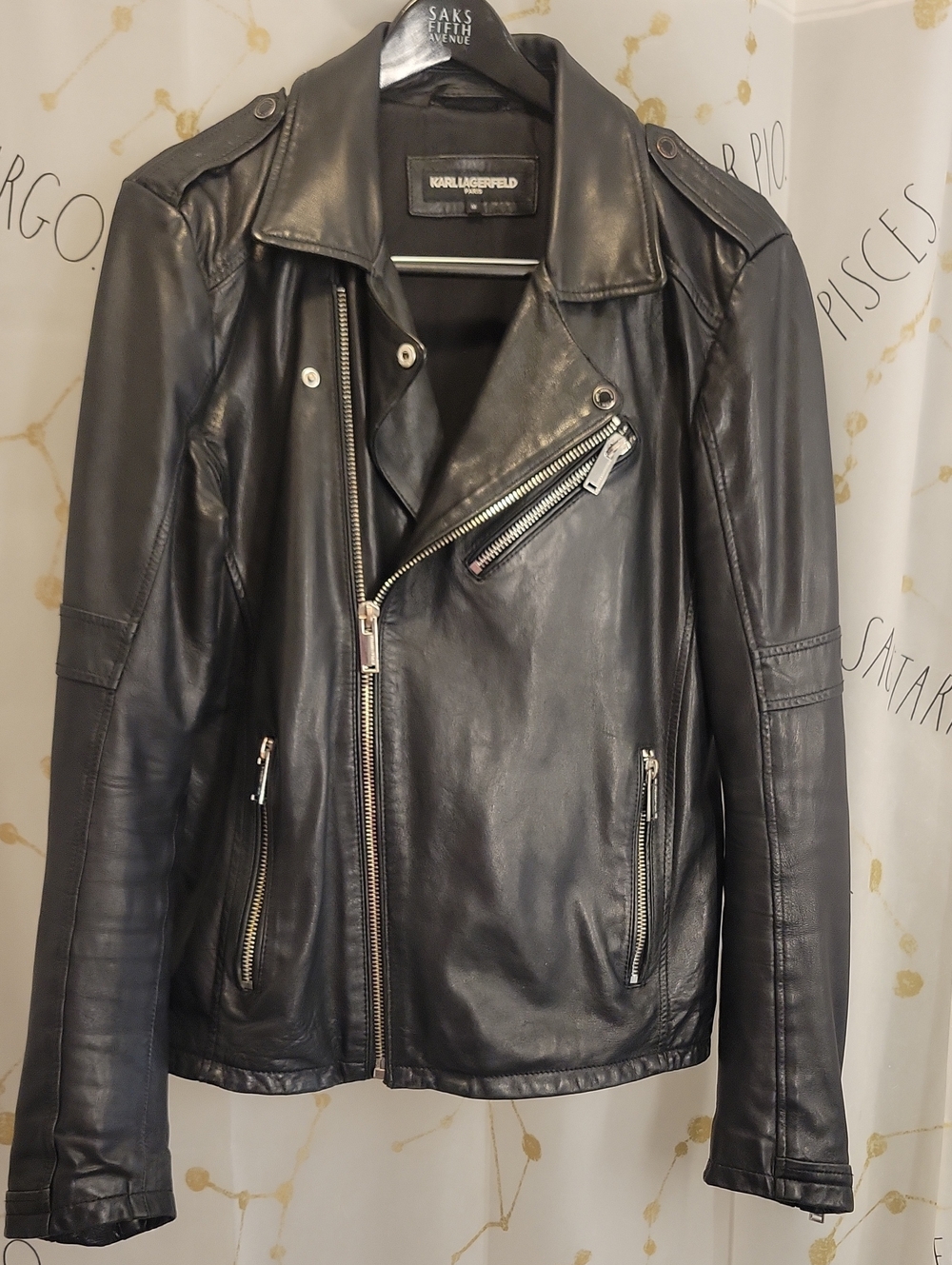 Karl Lagerfeld Black Leather Moto Jacket with Silver Hardware Jacket
